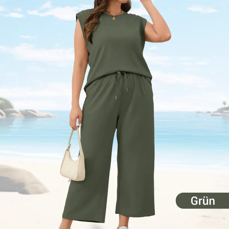 🌺2025 Neue Frauen Casual Cap Sleeve Top Wide Leg Crop Pants Zweiteilige Sets🌺 cetaut