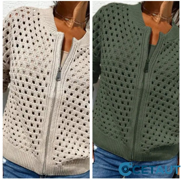 🔥2025 HOT SALE🔥Lässige Damen Strickjacke mit Reißverschluss und hohlem Design👗 cetaut