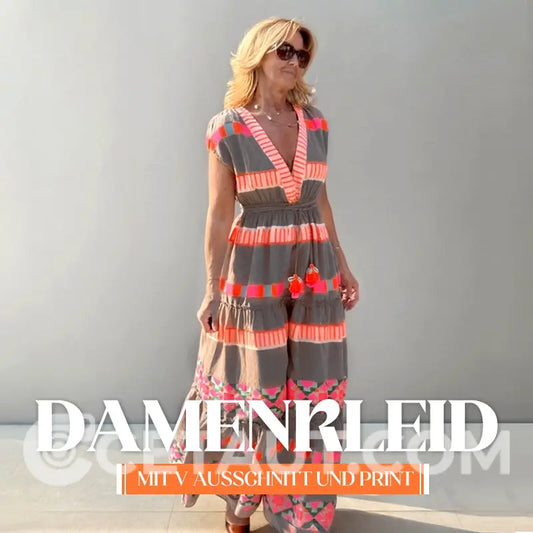 Lässiges Damen V-Ausschnitt Vintage Streifenmuster Ärmelloses Kleid cetaut