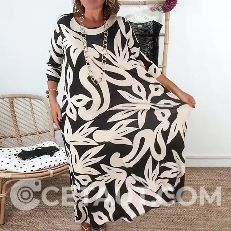 💖Elegantes, lockeres Damenkleid mit Rundhalsausschnitt und Aufdruck cetaut