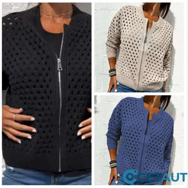 🔥2025 HOT SALE🔥Lässige Damen Strickjacke mit Reißverschluss und hohlem Design👗 cetaut
