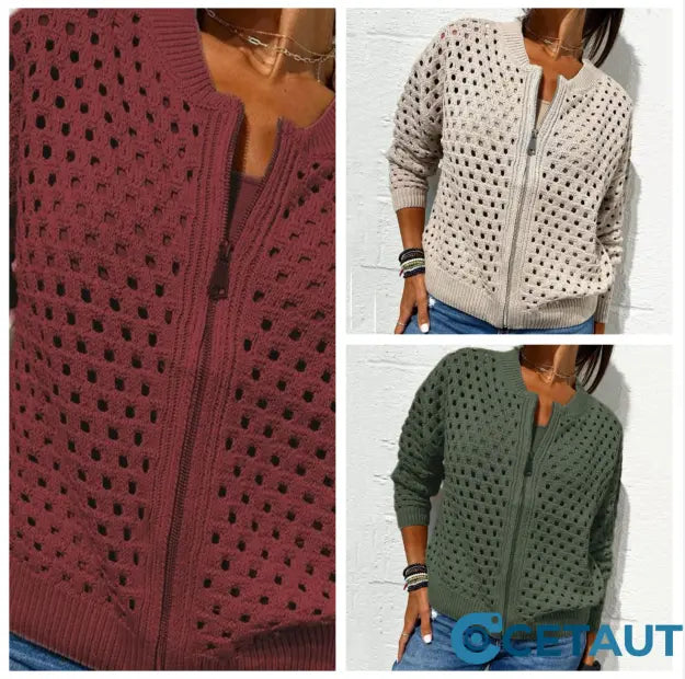 🔥2025 HOT SALE🔥Lässige Damen Strickjacke mit Reißverschluss und hohlem Design👗 cetaut