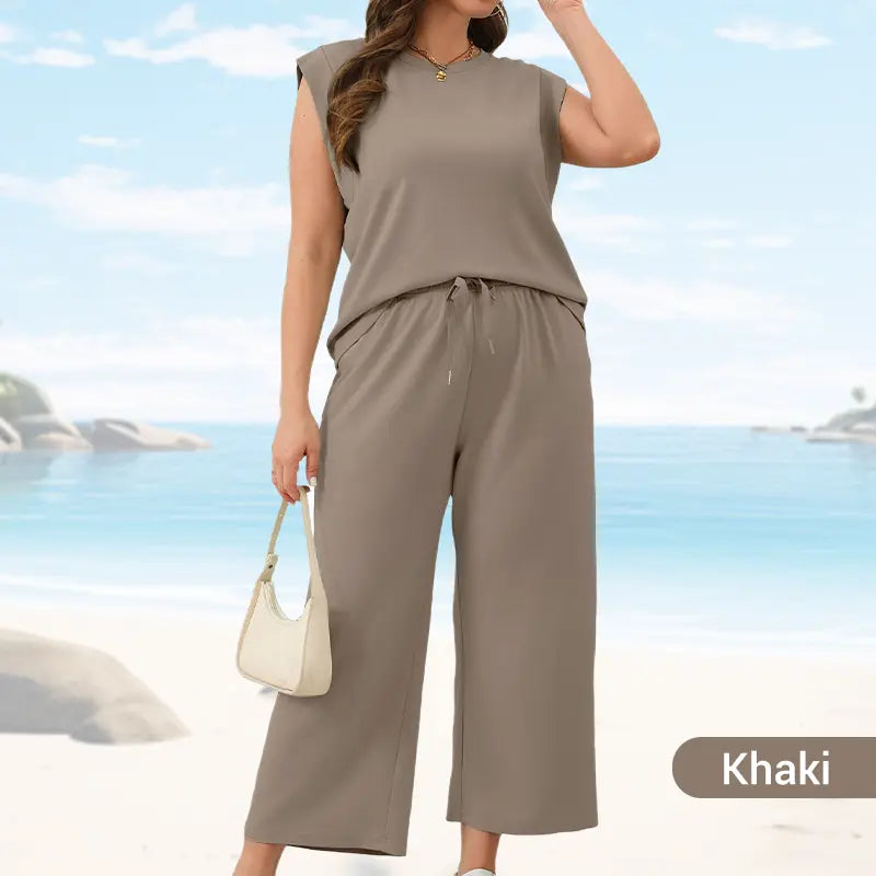 🌺2025 Neue Frauen Casual Cap Sleeve Top Wide Leg Crop Pants Zweiteilige Sets🌺 cetaut