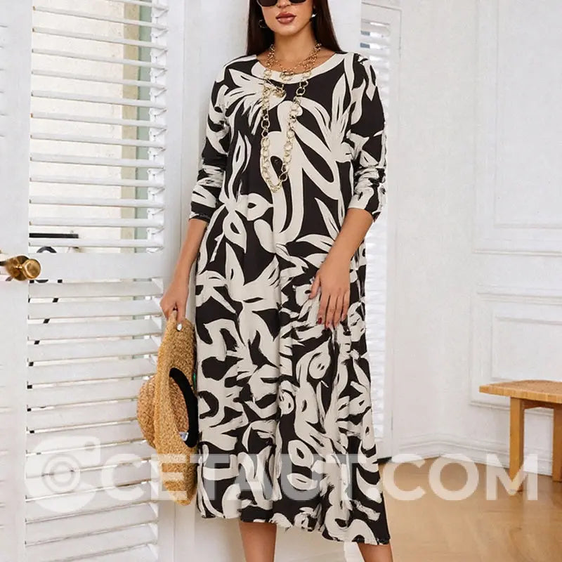 💖Elegantes, lockeres Damenkleid mit Rundhalsausschnitt und Aufdruck cetaut