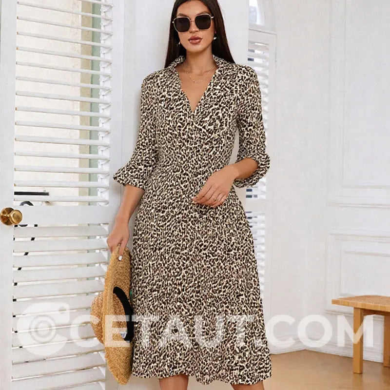 🎉 Sommerschlussverkauf 55% Rabatt 🛍️🏆Trendy Leopard Print V-Ausschnitt Kleid für Frauen mit lockerer Passform cetaut