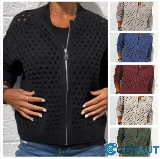 🔥2025 HOT SALE🔥Lässige Damen Strickjacke mit Reißverschluss und hohlem Design👗 cetaut