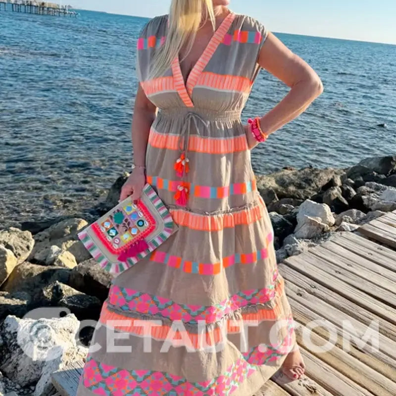 Lässiges Damen V-Ausschnitt Vintage Streifenmuster Ärmelloses Kleid cetaut
