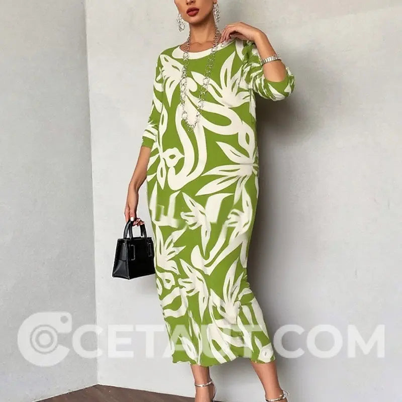 💖Elegantes, lockeres Damenkleid mit Rundhalsausschnitt und Aufdruck cetaut