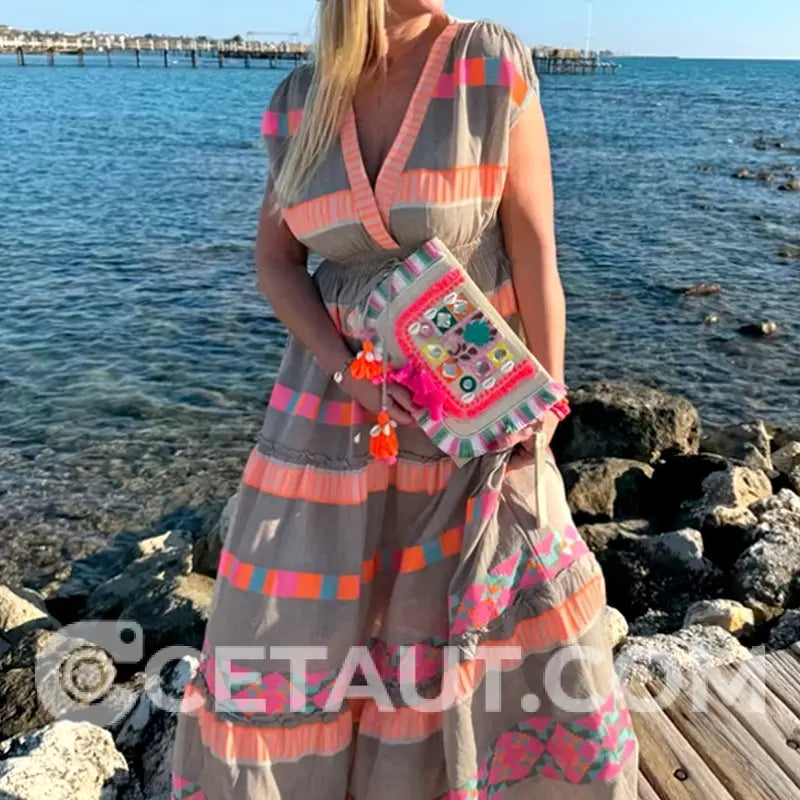 Lässiges Damen V-Ausschnitt Vintage Streifenmuster Ärmelloses Kleid cetaut