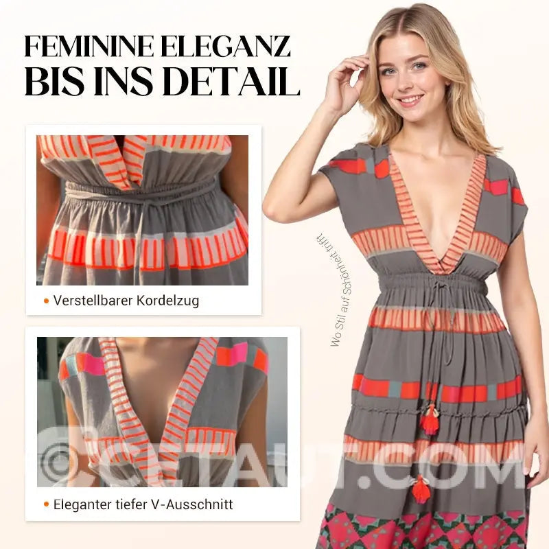 Lässiges Damen V-Ausschnitt Vintage Streifenmuster Ärmelloses Kleid cetaut