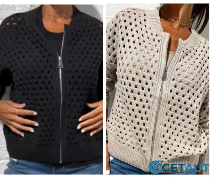 🔥2025 HOT SALE🔥Lässige Damen Strickjacke mit Reißverschluss und hohlem Design👗 cetaut