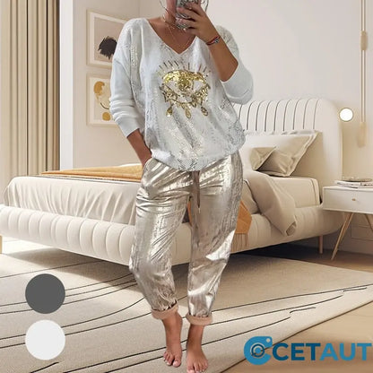 2-teiliges Damen-Set: Devil's Eye Goldfolien-Oberteil und Pailletten-Hosen-Set cetaut