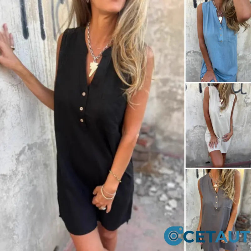 💖👗Damen ärmelloses Kleid mit V-Ausschnitt und Knopfleiste cetaut