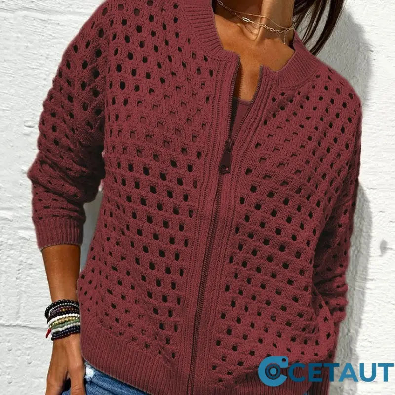 🔥2025 HOT SALE🔥Lässige Damen Strickjacke mit Reißverschluss und hohlem Design👗 cetaut