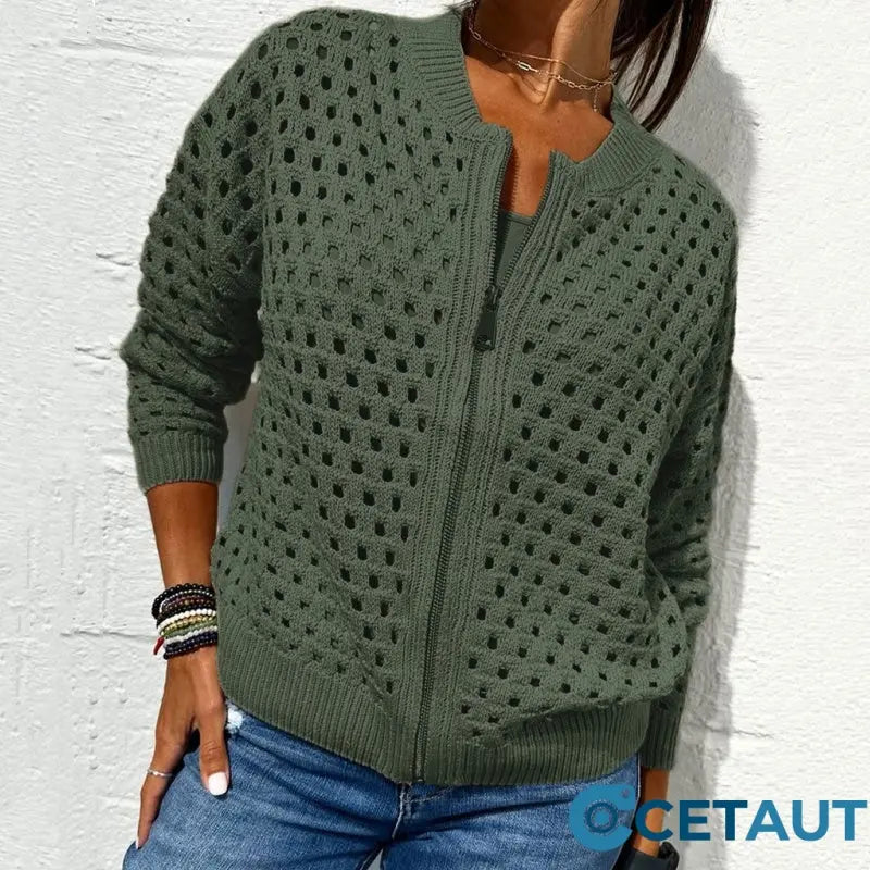 🔥2025 HOT SALE🔥Lässige Damen Strickjacke mit Reißverschluss und hohlem Design👗 cetaut