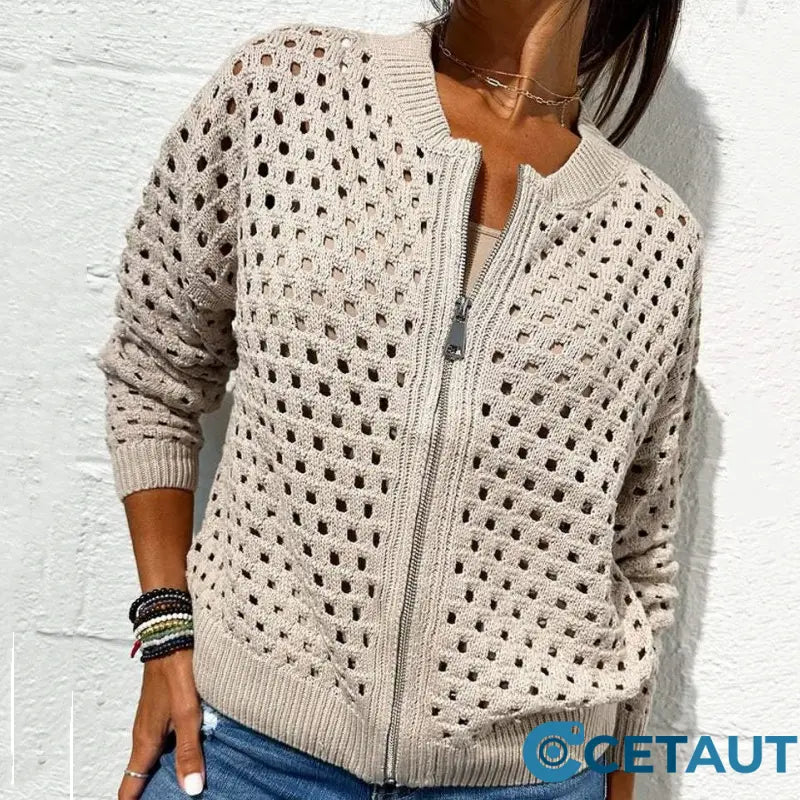 🔥2025 HOT SALE🔥Lässige Damen Strickjacke mit Reißverschluss und hohlem Design👗 cetaut