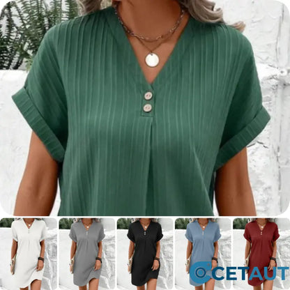 🍃Einfache Feste Farbe V-Ausschnitt mit kurzem Ärmel für Frauen🌷 cetaut