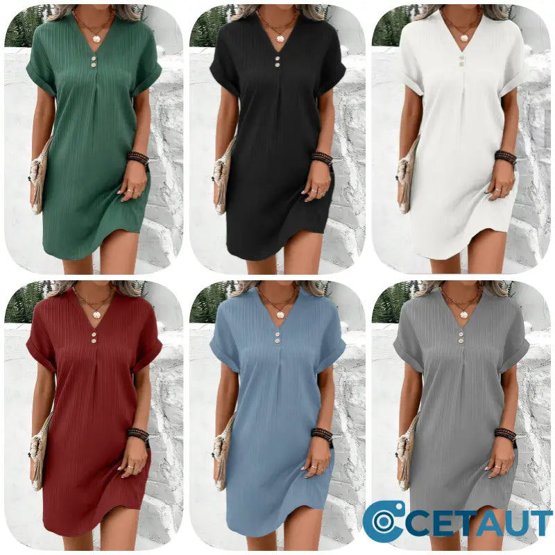 🍃Einfache Feste Farbe V-Ausschnitt mit kurzem Ärmel für Frauen🌷 cetaut