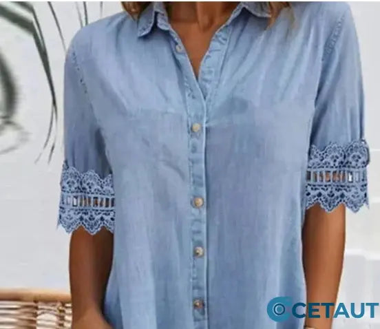 🎁Zeitlich begrenztes Angebot⏳Blaues, schlichtes Minikleid aus Denim mit Kragen und Spitzenbesatz cetaut