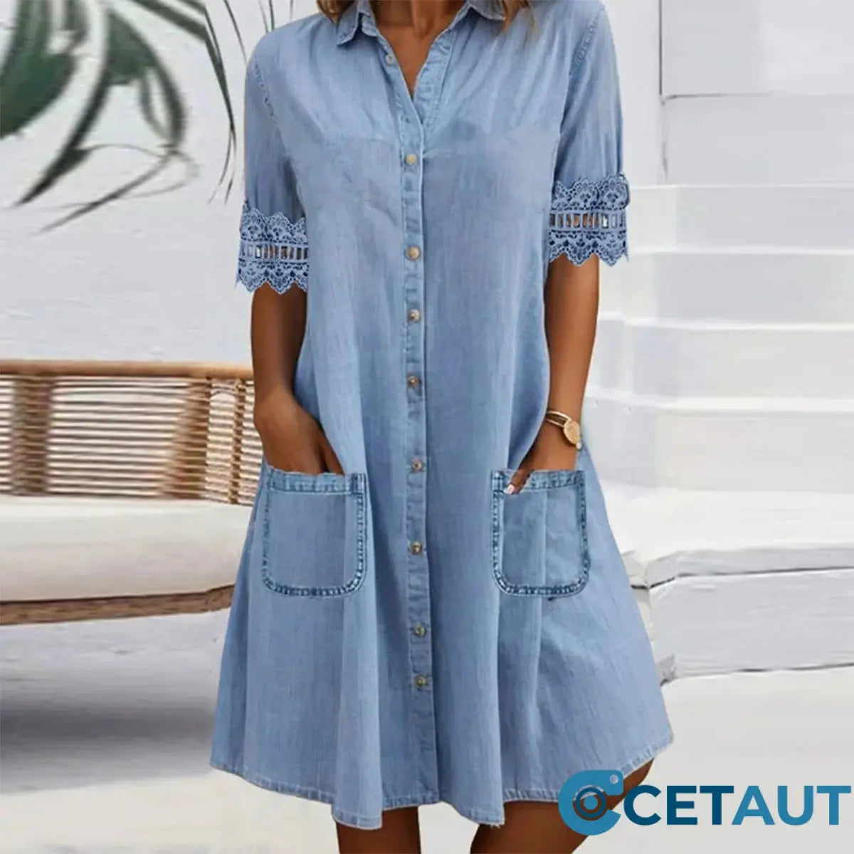 🎁Zeitlich begrenztes Angebot⏳Blaues, schlichtes Minikleid aus Denim mit Kragen und Spitzenbesatz cetaut