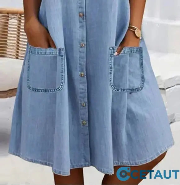 🎁Zeitlich begrenztes Angebot⏳Blaues, schlichtes Minikleid aus Denim mit Kragen und Spitzenbesatz cetaut