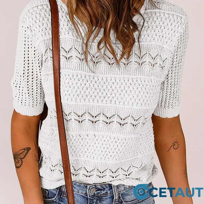 🌺Elegant. Atmungsaktiv. Vielseitig – Dein Sommer-Liebling für jeden Anlass🌷Damen Kurzarm-Rundhalspullover mit Lochstrick und Häkeloptik cetaut
