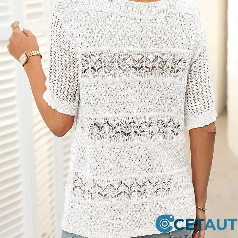 🌺Elegant. Atmungsaktiv. Vielseitig – Dein Sommer-Liebling für jeden Anlass🌷Damen Kurzarm-Rundhalspullover mit Lochstrick und Häkeloptik cetaut