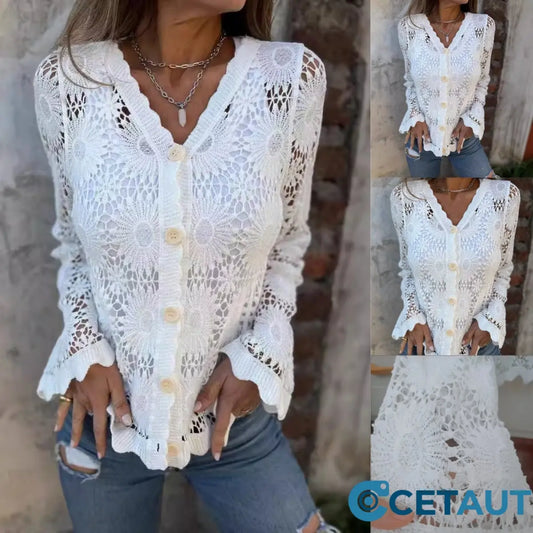 Elegance trifft Komfort: Leichte Spitze für jeden Tag🌸Damen Spitze V-Ausschnitt Langarm Top cetaut