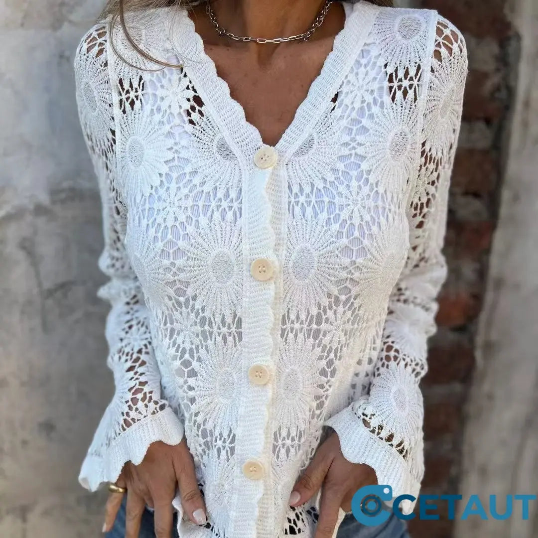 Elegance trifft Komfort: Leichte Spitze für jeden Tag🌸Damen Spitze V-Ausschnitt Langarm Top cetaut