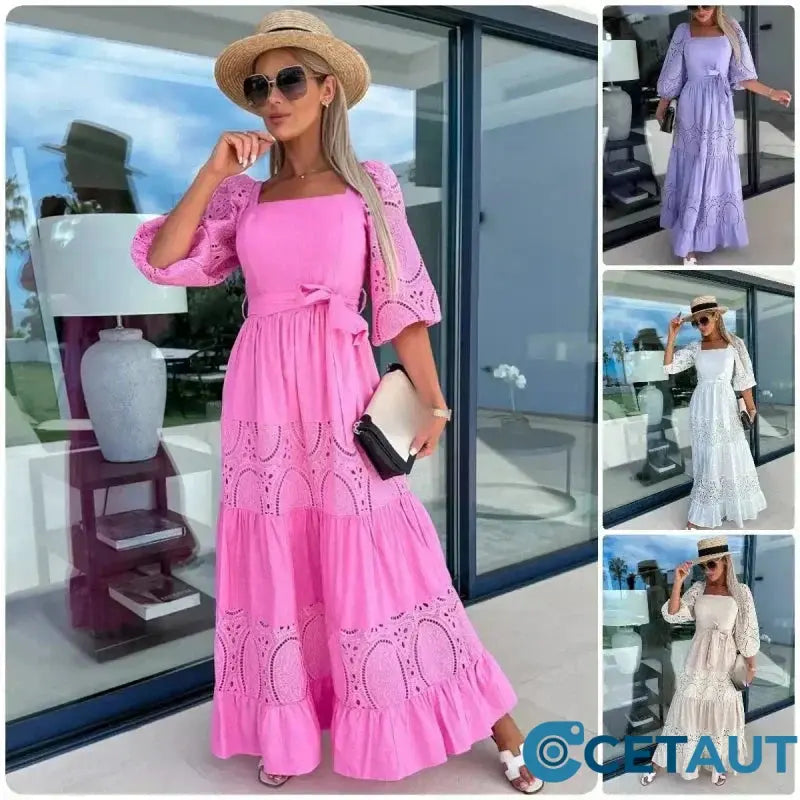 Trendiges, langes Patchwork-Kleid mit Taillengürtel und quadratischem Ausschnitt für Damen cetaut