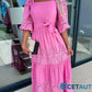 Trendiges, langes Patchwork-Kleid mit Taillengürtel und quadratischem Ausschnitt für Damen cetaut