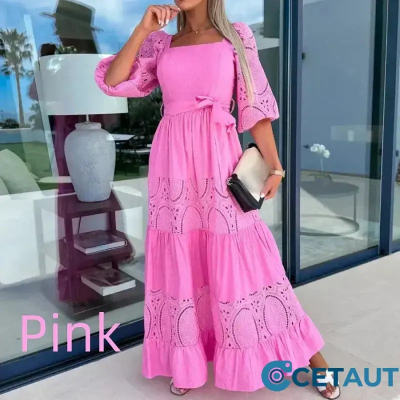Trendiges, langes Patchwork-Kleid mit Taillengürtel und quadratischem Ausschnitt für Damen cetaut