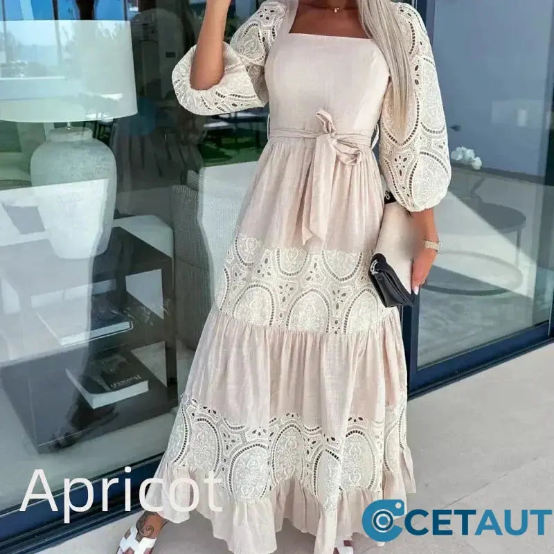Trendiges, langes Patchwork-Kleid mit Taillengürtel und quadratischem Ausschnitt für Damen cetaut