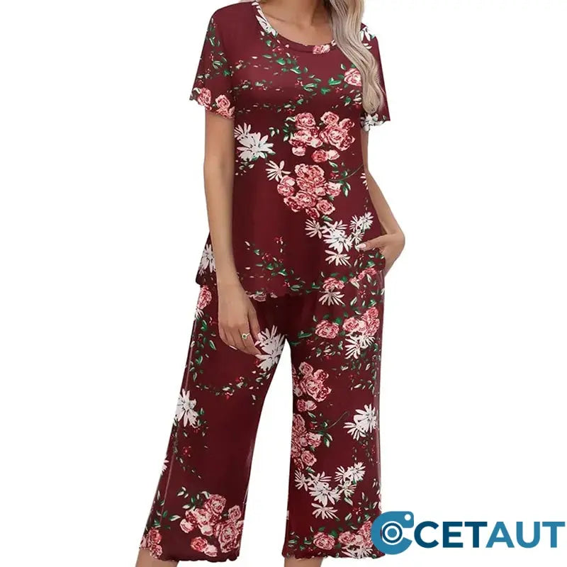 💐Wohlfühlen in Blumenpracht – Dein Alltag, Dein Stil. Damen-Print-Oberteil & Hose Nachtwäsche-Set cetaut