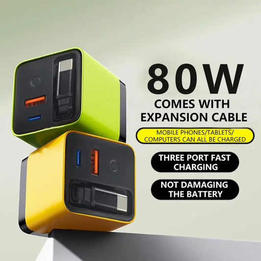 3-in-1-GaN-Ladegerät, 80 W MAX skalierbares Schnelllademodul mit Typ-C-Kabel und 2 USB-Anschlüssen cetaut