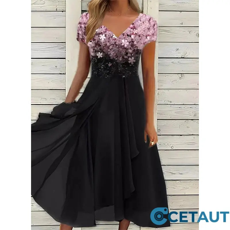🌸💐2025 Neu Sommer V-Ausschnitt Gedruckt Patchwork Frauen Sommerkleider cetaut
