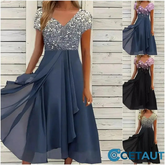 🌸💐2025 Neu Sommer V-Ausschnitt Gedruckt Patchwork Frauen Sommerkleider cetaut