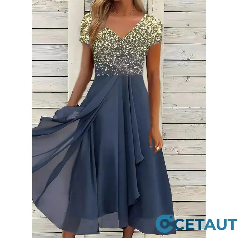 🌸💐2025 Neu Sommer V-Ausschnitt Gedruckt Patchwork Frauen Sommerkleider cetaut