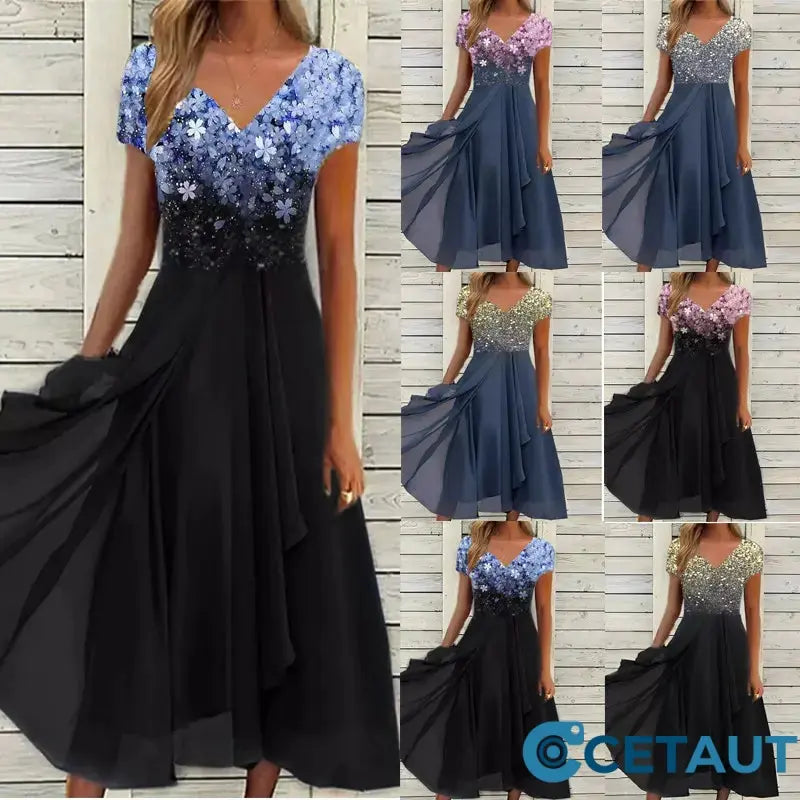 🌸💐2025 Neu Sommer V-Ausschnitt Gedruckt Patchwork Frauen Sommerkleider cetaut