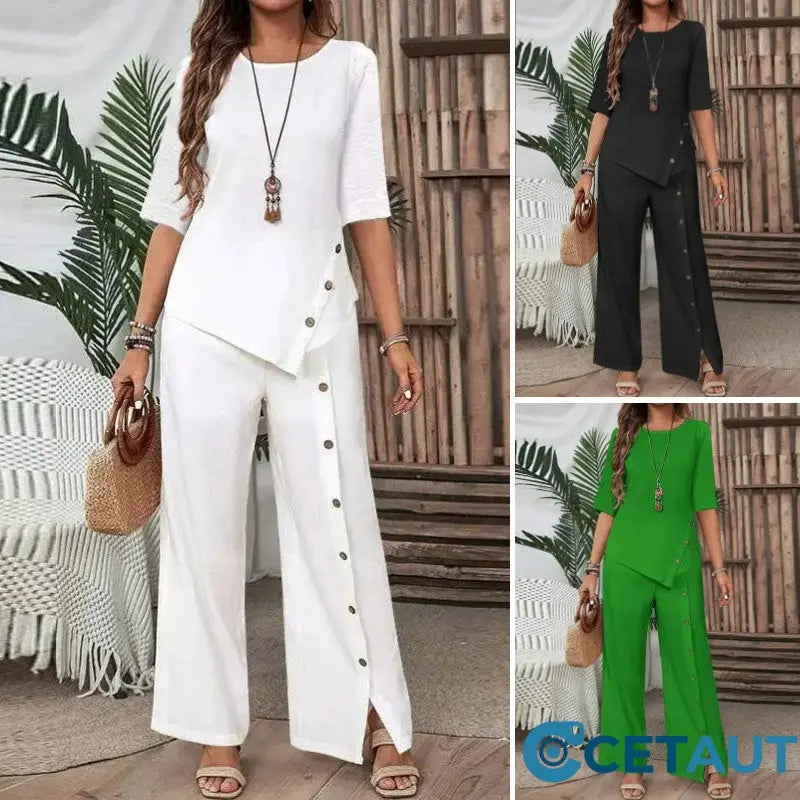 ⏳Begrenzte Zeit 50% Rabatt💥Zweiteiliges Damen-Set aus Top mit asymmetrischem Saum und Hose mit weitem Bein cetaut
