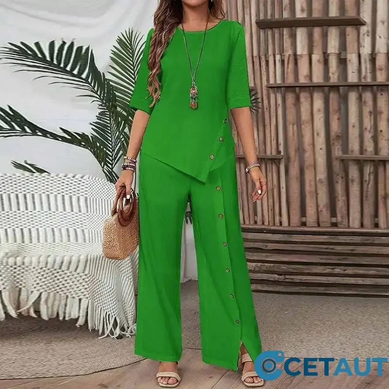 ⏳Begrenzte Zeit 50% Rabatt💥Zweiteiliges Damen-Set aus Top mit asymmetrischem Saum und Hose mit weitem Bein cetaut