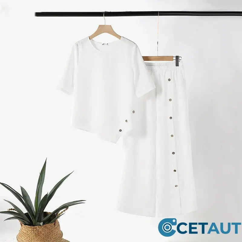 ⏳Begrenzte Zeit 50% Rabatt💥Zweiteiliges Damen-Set aus Top mit asymmetrischem Saum und Hose mit weitem Bein cetaut