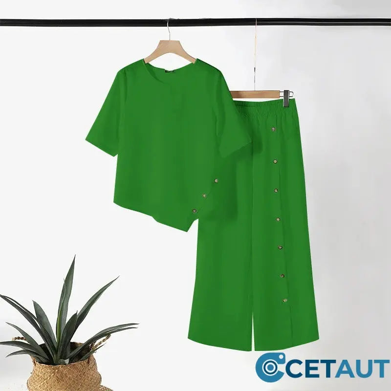 ⏳Begrenzte Zeit 50% Rabatt💥Zweiteiliges Damen-Set aus Top mit asymmetrischem Saum und Hose mit weitem Bein cetaut