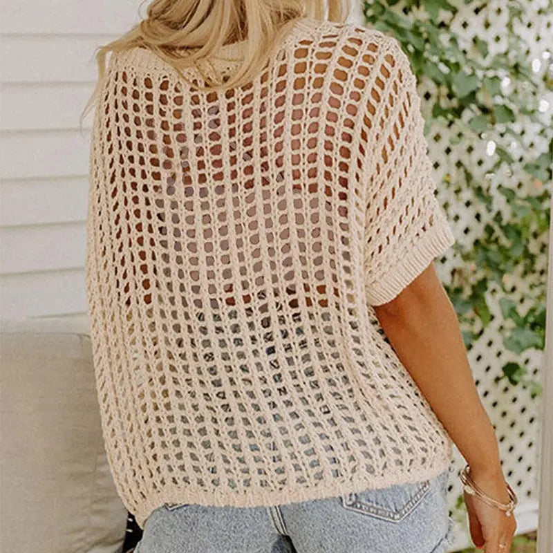 🎁2025 Neuer heißer Verkauf🌈Damen lässig Kurzarm hohl aus Pullover stricken Tops cetaut
