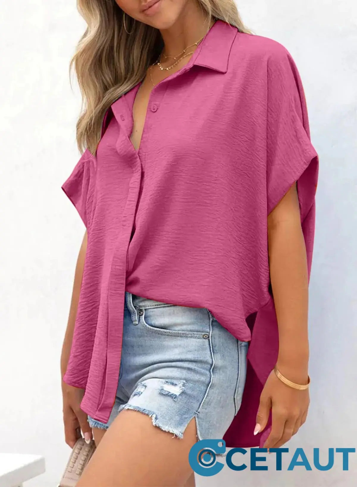 🔥Hot Sale 50% OFF🔥Women's Casual Button Short Sleeve Slit Hem Shirt Solid Color Tops cetaut