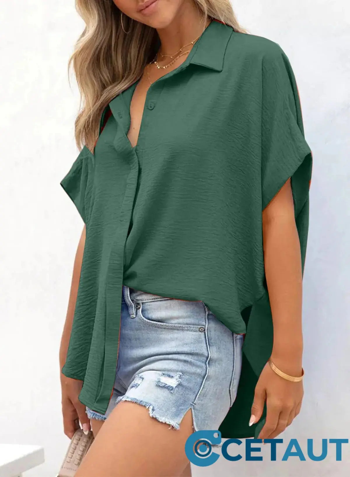🔥Hot Sale 50% OFF🔥Women's Casual Button Short Sleeve Slit Hem Shirt Solid Color Tops cetaut