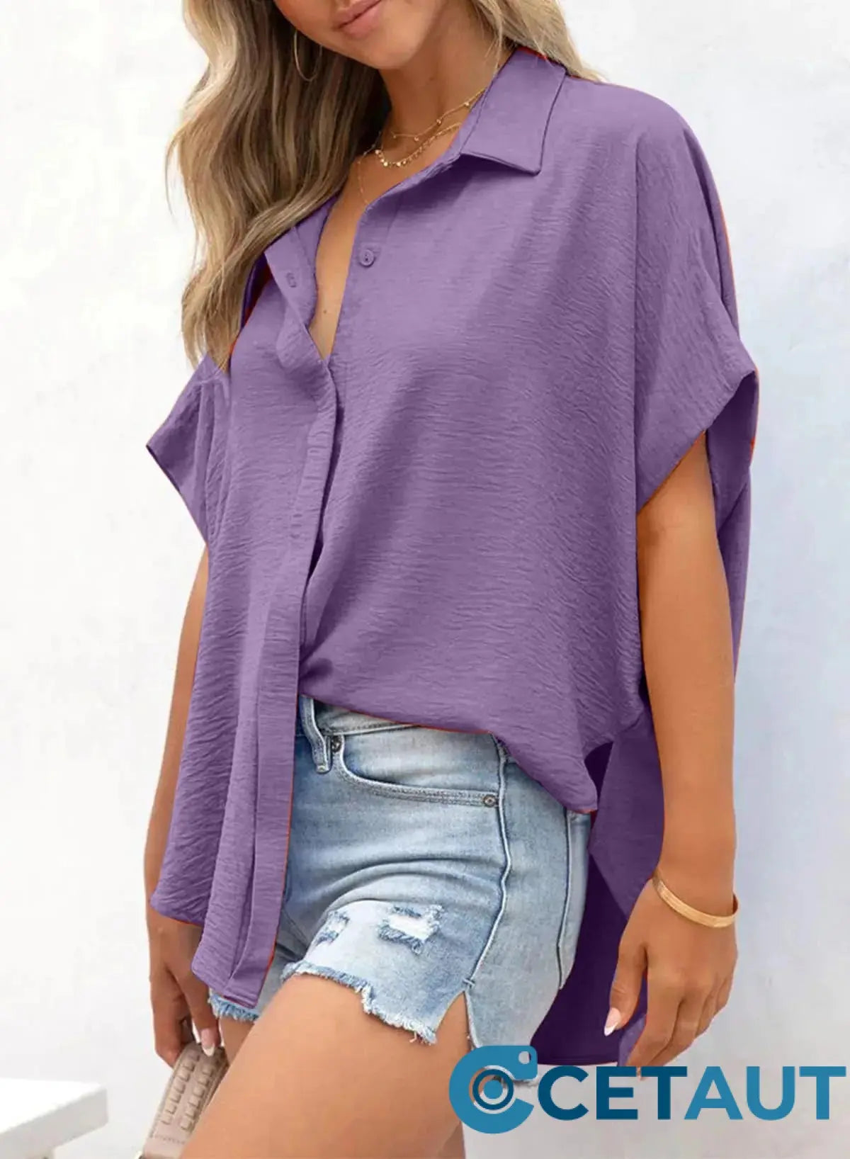 🔥Hot Sale 50% OFF🔥Women's Casual Button Short Sleeve Slit Hem Shirt Solid Color Tops cetaut