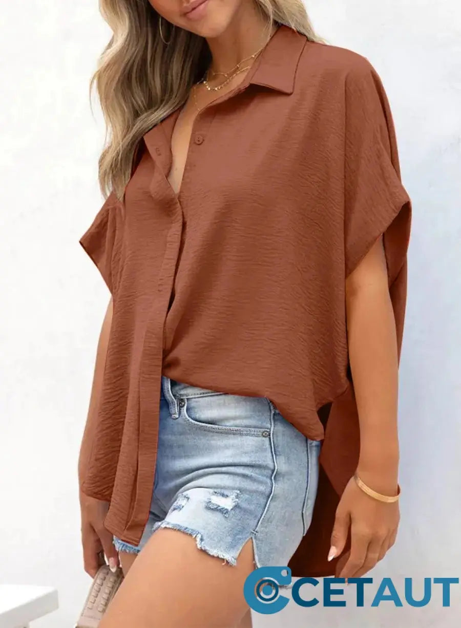 🔥Hot Sale 50% OFF🔥Women's Casual Button Short Sleeve Slit Hem Shirt Solid Color Tops cetaut