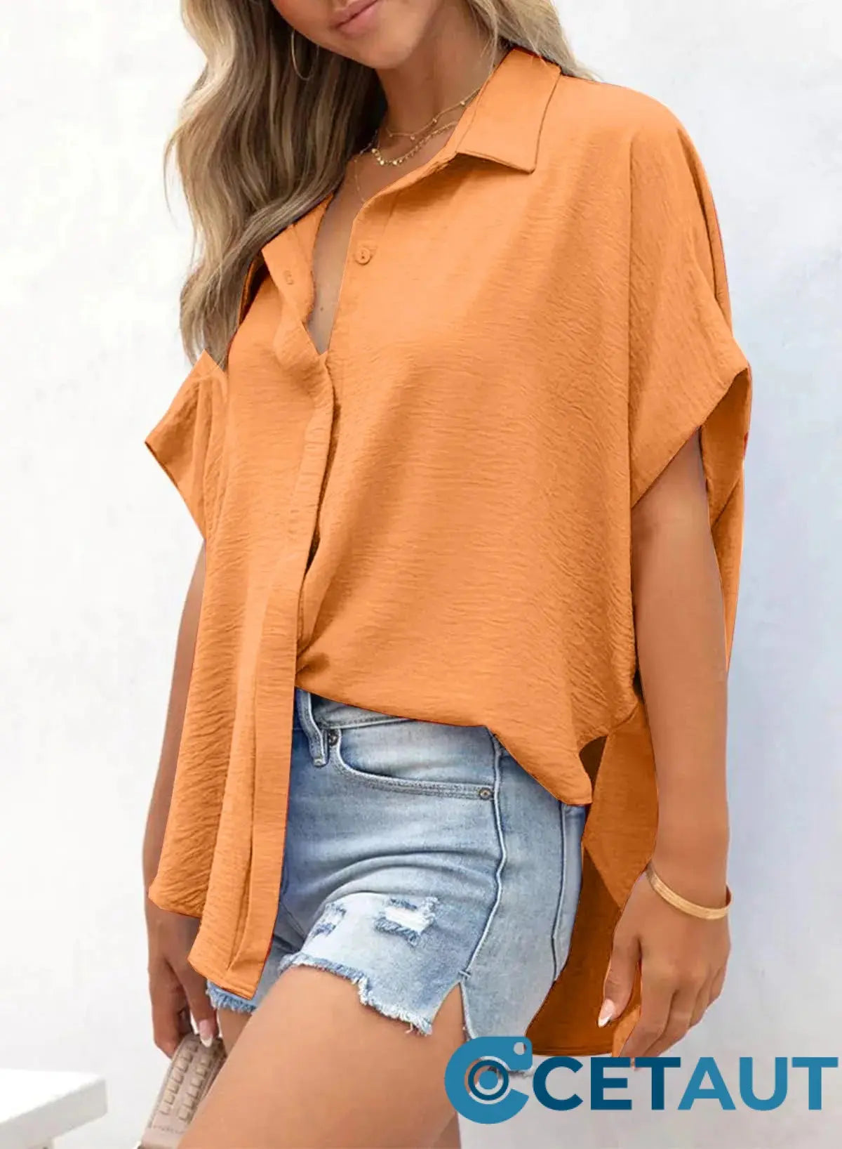 🔥Hot Sale 50% OFF🔥Women's Casual Button Short Sleeve Slit Hem Shirt Solid Color Tops cetaut