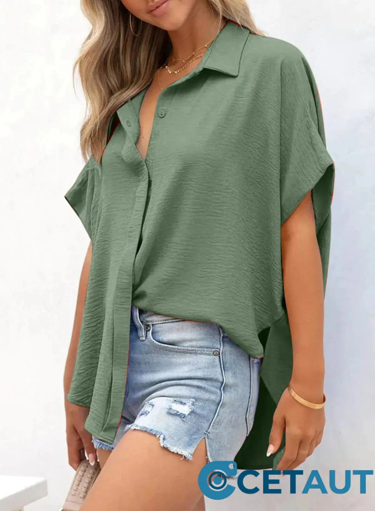 🔥Hot Sale 50% OFF🔥Women's Casual Button Short Sleeve Slit Hem Shirt Solid Color Tops cetaut